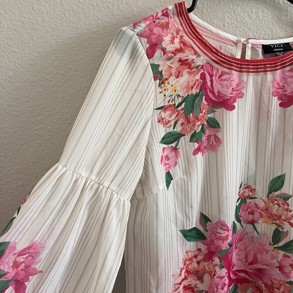 VICI Women's Medium Sheer Floral Roses Lantern Sleeve Romantic New Without Tags - Picture 3 of 7